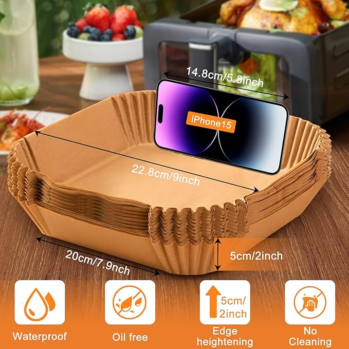 200PCS Air Fryer Liners Disposable: Square 7.9 Inch Non-Stick Airfryer Paper Liners - Food Grade