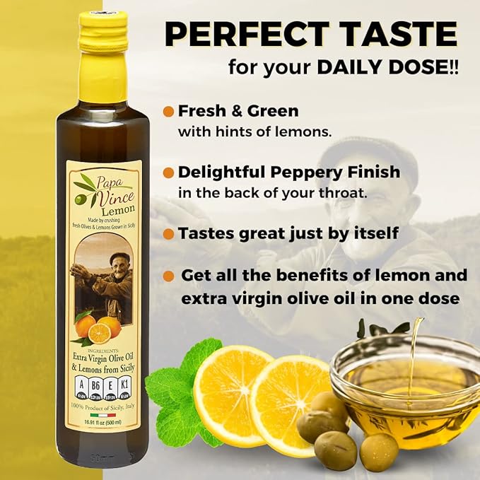 Papa Vince Olive Oil Extra Virgin - First Cold Pressed, Polyphenol Rich Olive Oil (EVOO). Lemon