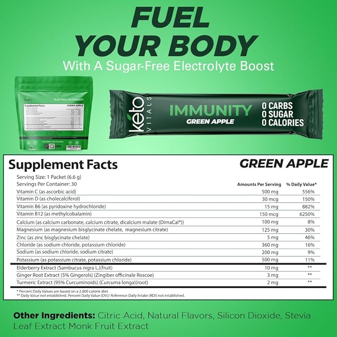 Keto Vitals Immunity Sugar Free Electrolytes Powder with Vitamin C, Ginger, Turmeric, & Elderberry