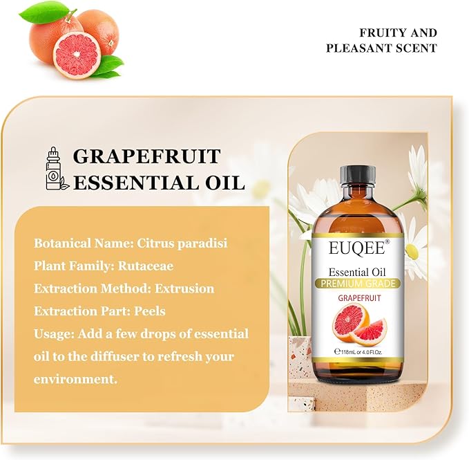 Grapefruit Essential Oil 118mL Pure Grapefruit Oil, Large Capacity Essential Oil with Glass Dropper