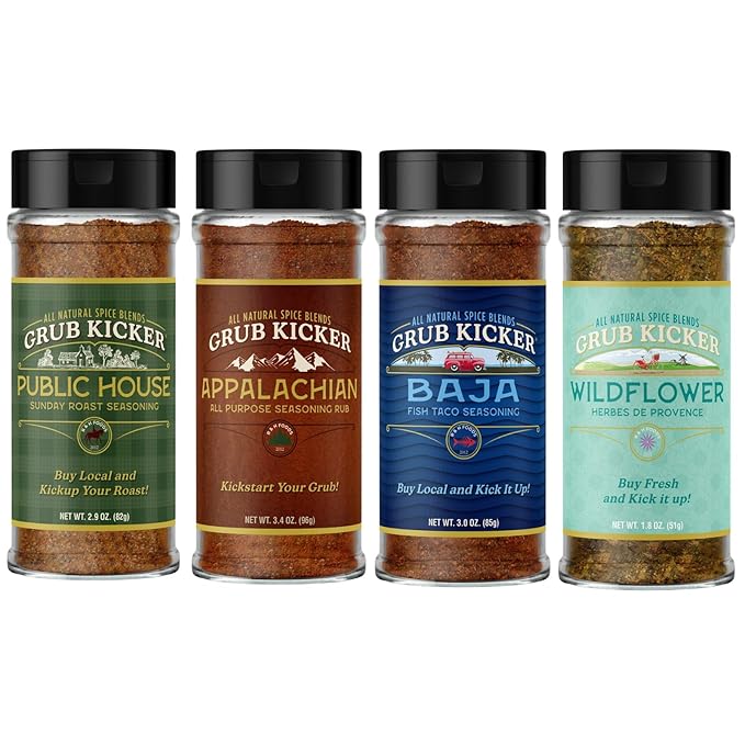 Grub Kicker assorted 4 pack includes: Wildflower Herbes De Provence, Appalachian All Purpose, Baja