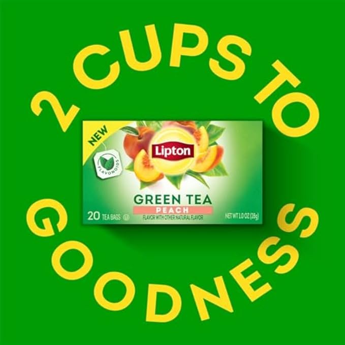 Lipton Peach Green Tea Bags, Flavored, Unsweetened Teabags for Hot Tea or Peach Iced Tea with