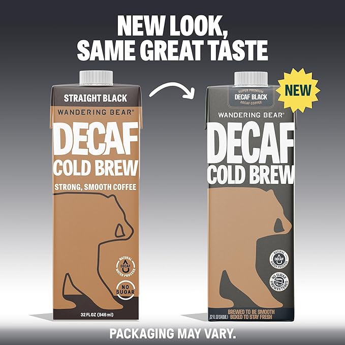 Wandering Bear Decaf Cold Brew Coffee, 32 fl oz, 6 pack - Extra Strong, Bold, Smooth, Unsweetened