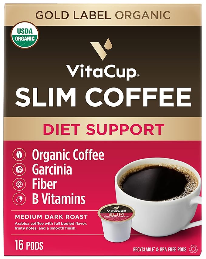 VitaCup Slim Organic Coffee Pods, Diet Support with Ginseng, Garcinia, B Vitamins, Bold Medium Dark