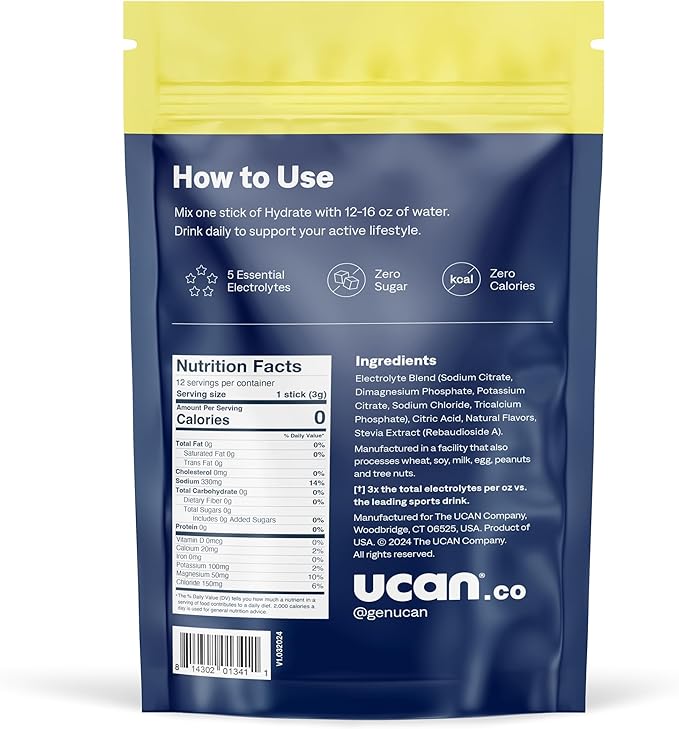 UCAN Hydrate Electrolyte Drink Mix (Pineapple, 12 Stickpacks) Sugar-Free, Keto-Friendly, Vegan