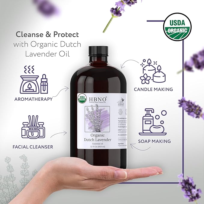HBNO Organic Lavender Dutch Oil - 32 oz (950 ml) Large Size - Ideal for Shampoos, Conditioners