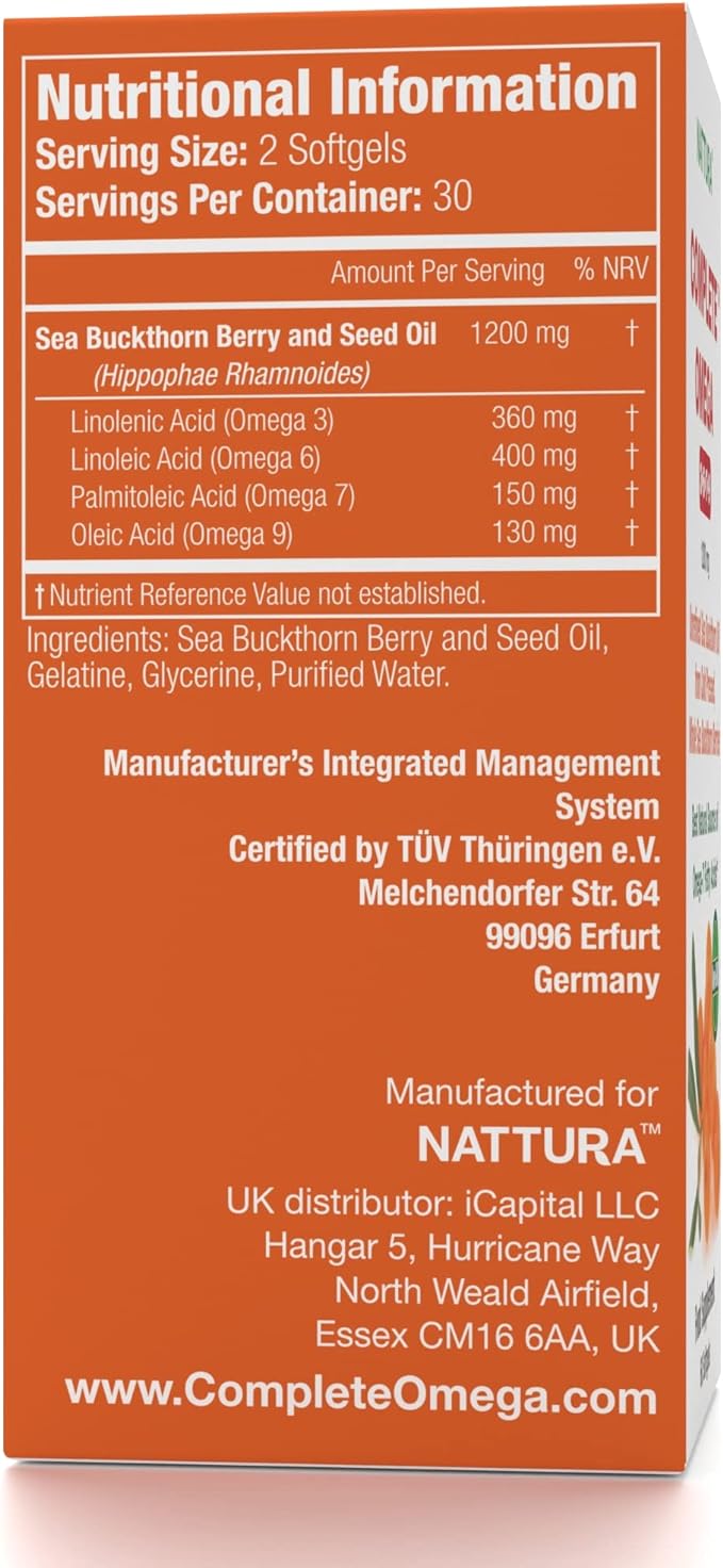 Nattura Complete Omega 3-6-7-9, Pure Sea Buckthorn Oil, European Quality, from Unrefined, Cold