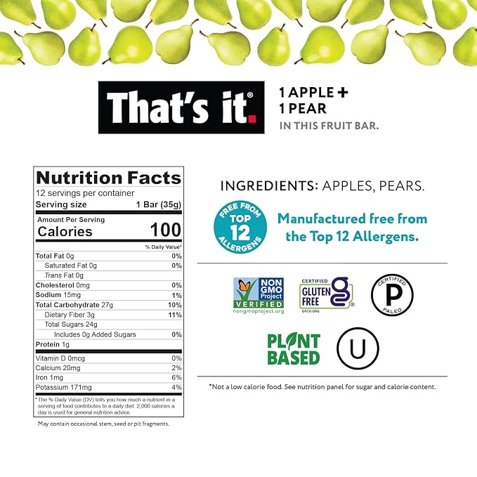 That's it. Apple + Pear 100% Natural Real Fruit Bar, Best High Fiber Vegan, Gluten Free Healthy