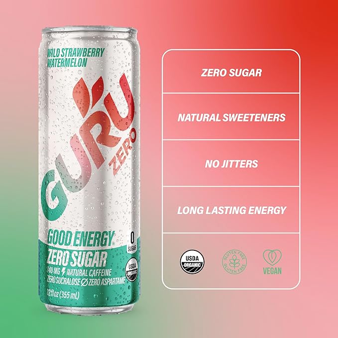 GURU ZERO SUGAR Wild Strawberry Watermelon Organic Energy Drinks, Clean Energy Drink with Plant