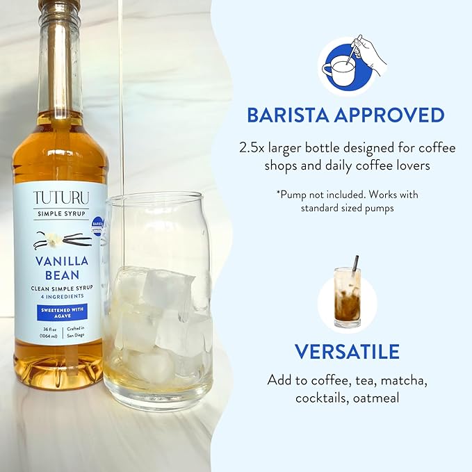 Vanilla Bean Agave Simple Syrup for Coffee & Cocktails - Sweetened with Organic Agave Nectar