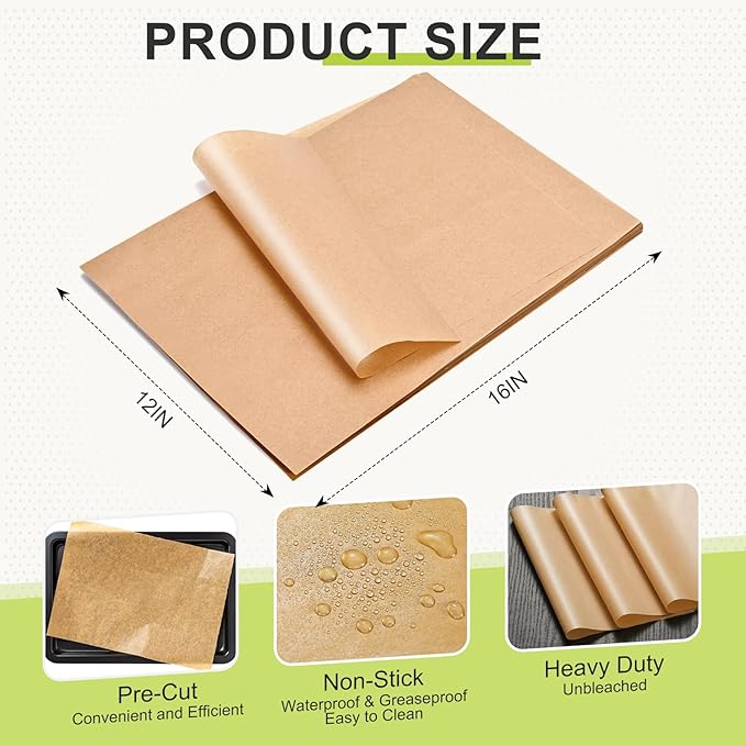 200PCS Unbleached Parchment Paper, Pre-Cut 12 x 16 Inches Resealable Pack, Nonstick, For Baking