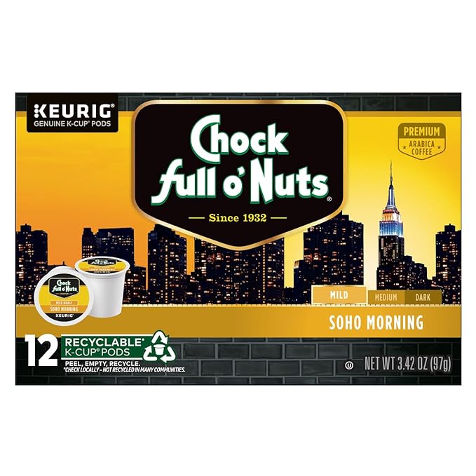 Chock Full o'Nuts Soho Morning Coffee, Mild Roast, Compatible with K-Cup Pods, 12 CT (Pack of 3)