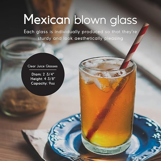 Clear Blown 9 oz Juice Glasses (set of 6) Mexican Handmade Glassware, Recycled Glass, Lead-free