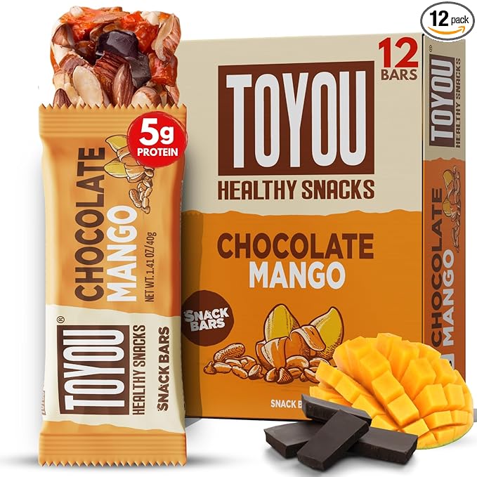 ToYou Chewy Fruit and Nut Bars - Healthy Protein Snacks | Chocolate Mango - 1.41 Ounce (Pack of 12)