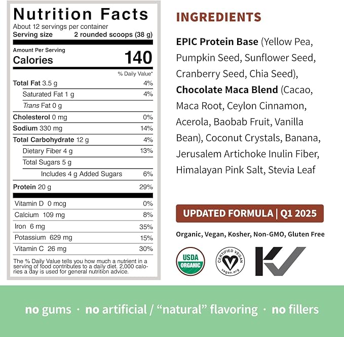 Sprout Living Epic Protein, Plant Based Protein & Superfoods Powder, Chocolate Maca Powder | 20
