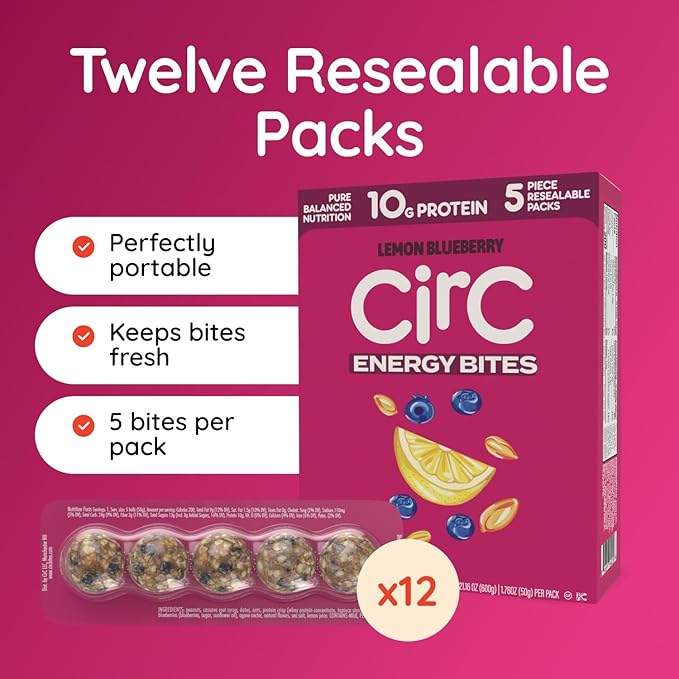 CirC Energy Bites - 12 Pack Lemon Blueberry Gluten Free Protein Balls - 10g Protein, Whole Grains