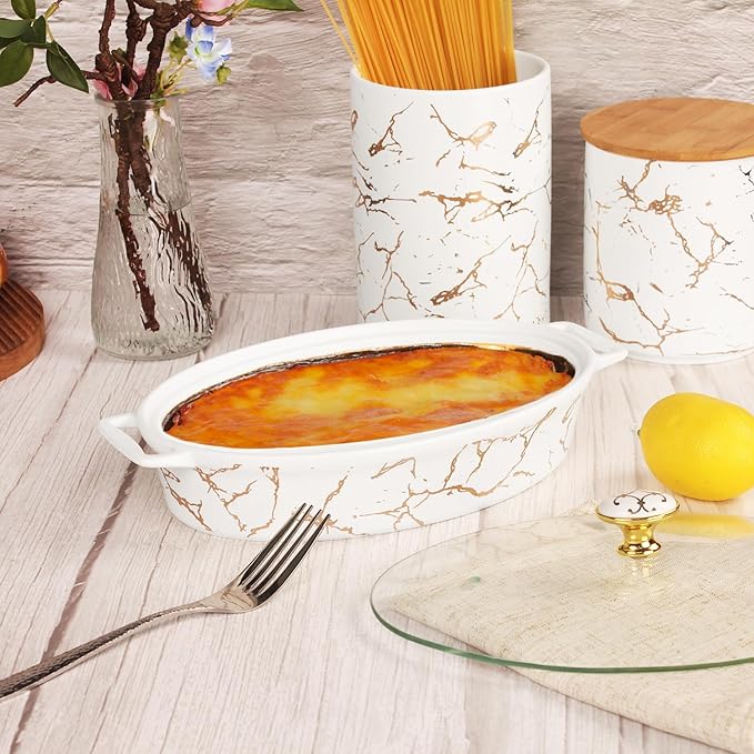 10" x 6" Ceramic Casserole Baking Dish With Glass cover, Lasagna Pan Deep for Oven, 34 ounce Baking