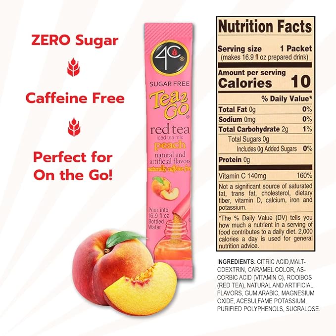 4C Powder Drink Stix, Red Tea Peach 500 Count, Bulk Buy, Singles Stix, On the Go, Refreshing Water
