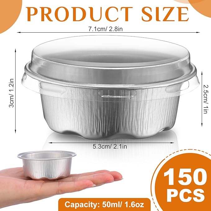 Eaasty 150 Pcs Baking Cups with Lids, 1.6 oz Muffin Cupcake Liners Aluminum Foil Mini Cake Pans
