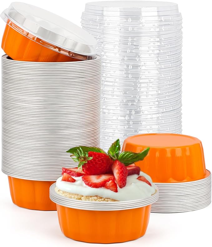Beasea Disposable Ramekins for Baking, 8oz 100 Pack Aluminum Foil Cups with Lids, Creme Brulee