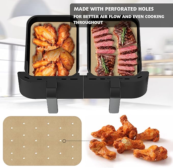 WMKGG Rectangular Air Fryer Parchment Paper, 100 PCS Disposable Perforated Air Fryer Liners with 2