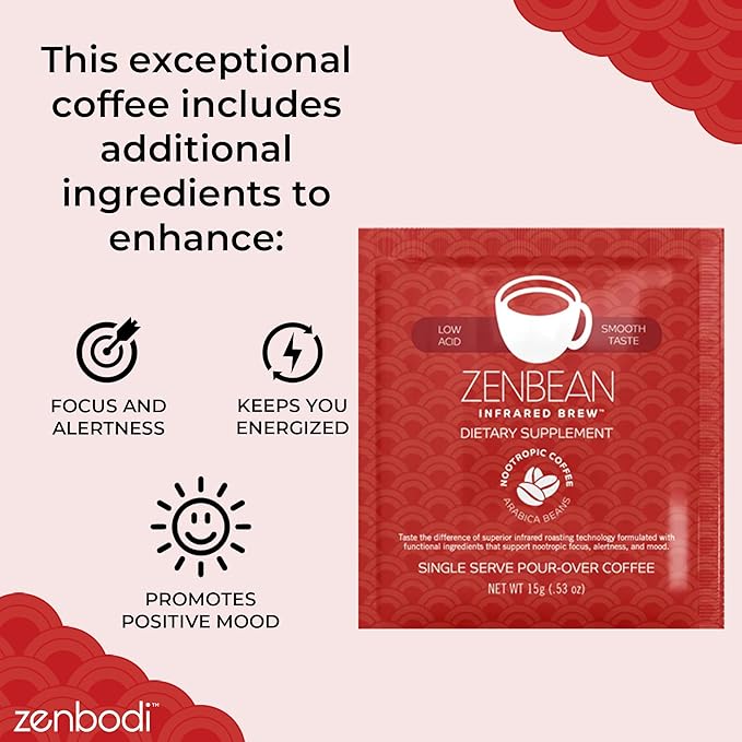 Zenbean Infrared Coffee Brew - 10 Servings Per Travel Pack, Single-Serve Pour-Over, Nootropic with