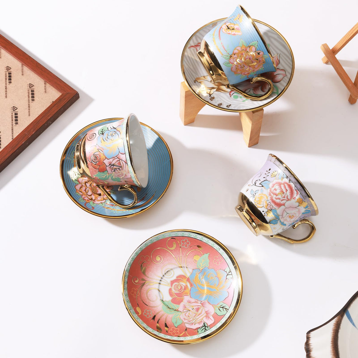 XRBEOU Tea Cups and Saucers, Tea Cup Set of 6, 8 OZ Floral Cups Porcelain Cup Set for Cappuccino
