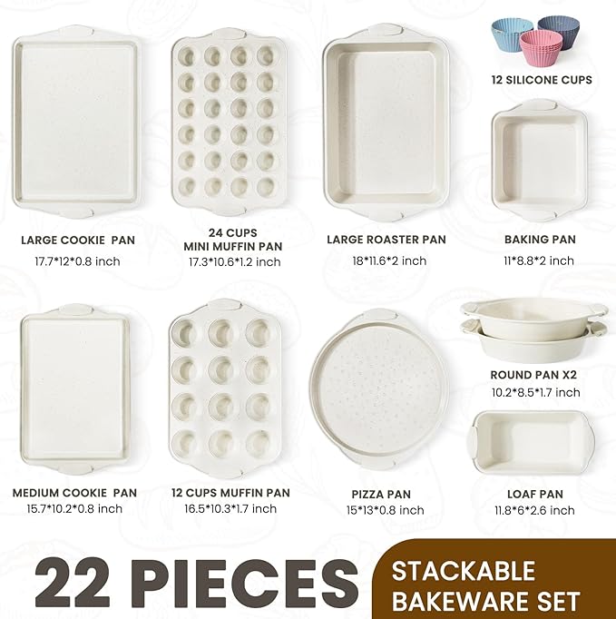 Kikcoin 22 PCS Nonstick Baking Pans Set, Stackable Bakeware Sets with Silicone Handles, 450°F Oven
