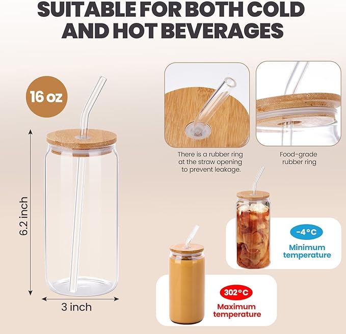 YUNCANG 6 Pack Bamboo Lid Glass Drinking Glasses with Glass Straw - 16-ounce Can Shaped Glassware