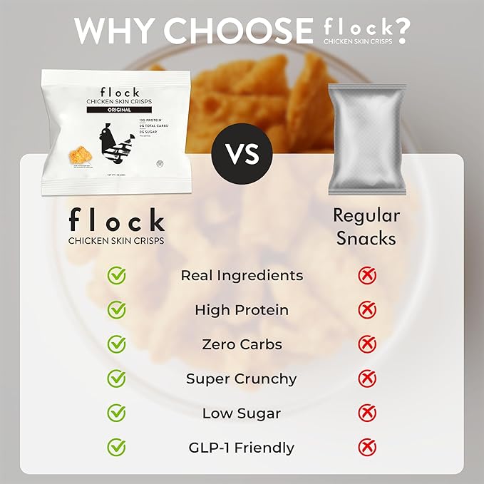 Flock Keto Chicken Skin Chips ??Original Flavor, Low Carb, High Protein, Gluten-Free Chicken