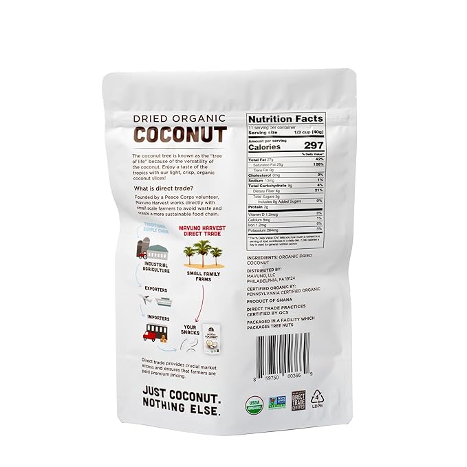 Mavuno Harvest Coconut Chips Dried Fruit Snack | Unsweetened Organic Dried Coconut Strips | Gluten