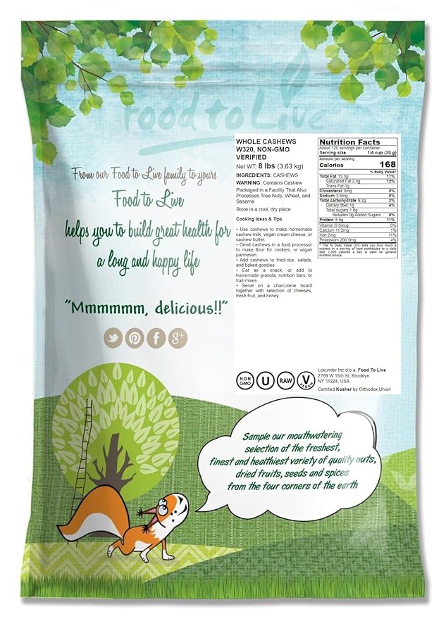Food to Live - Raw Cashews, 8 Pounds Deluxe Whole Nuts, Unsalted, Unroasted Fancy Snack, Size