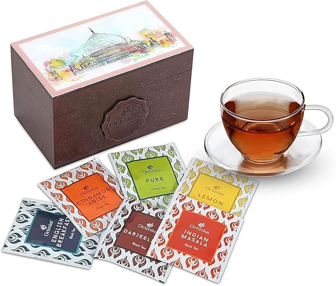 Octavius Assorted Tea Gift Set | 6 Flavored Black & Green Teas | 30 Premium Teabags in Each Box |