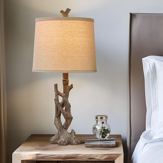 OYEARS 23" Rustic Farmhouse Table Lamp Country Cottage Lamps for Nightstand Tree Trunk Wood Grain