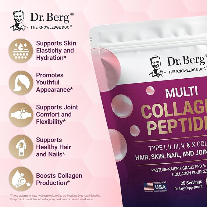 Dr. Berg Multi Collagen Peptides Powder Types I, II, III, V, X - Unflavored Collagen Powder w/ 14 g