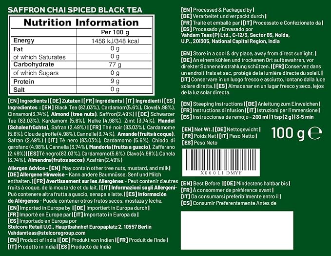 VAHDAM Saffron Spiced Chai (Loose Leaf, 50 Cups, 100g) | Black Tea with Cardamom, Cinnamon, Clove
