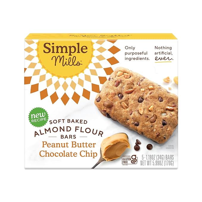 Simple Mills Almond Flour Snack Bars, Peanut Butter Chocolate Chip - Gluten Free, Made with Organic