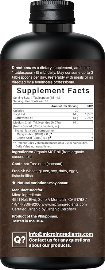 MCT Oil Organic, 32 fl oz |100% Virgin Coconut with C8 + C10 Fatty Acids | Natural Fuel for Brain