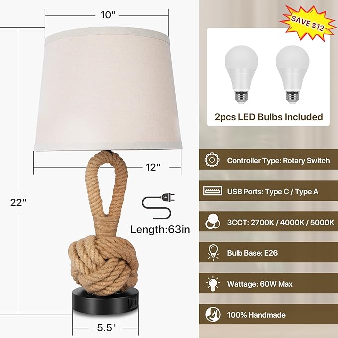 22" Rope Lamps for Night Stands, Bedside Lamps Set of 2, Boho Table Lamps for Living Room End