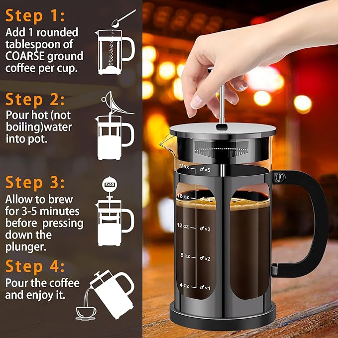 French Press Coffee Maker (21oz 600ML 3-4Cup) Coffee Press, with 4 Filters System, Heat Resistant