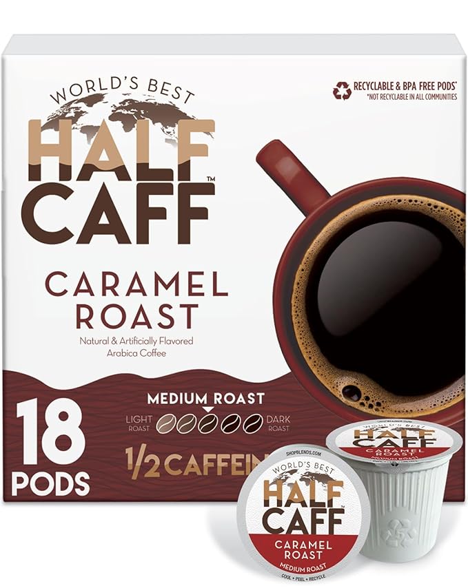 World's Best Half Caff Caramel Coffee Pods, 18 ct, Medium Roast Flavored Coffee in Recyclable