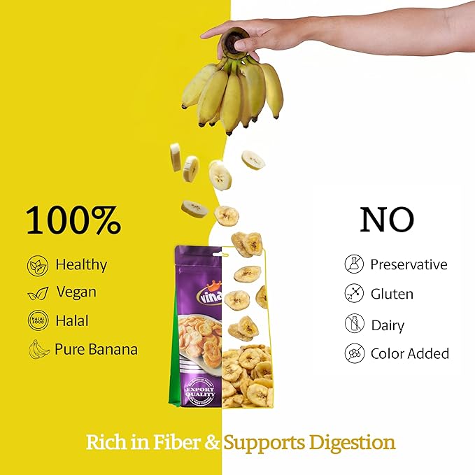 Vinamit Dried Banana Chips | Unsweetened Banana Chips | 8.8 oz Bag | Naturally Sweet, Non-GMO