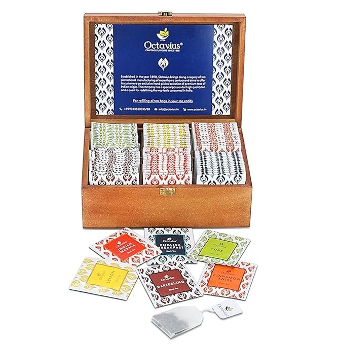 Octavius Gift's Select - Assorted Tea in Multi Design Printed Wooden Box | 6 Flavors, 90 Tea Bags |
