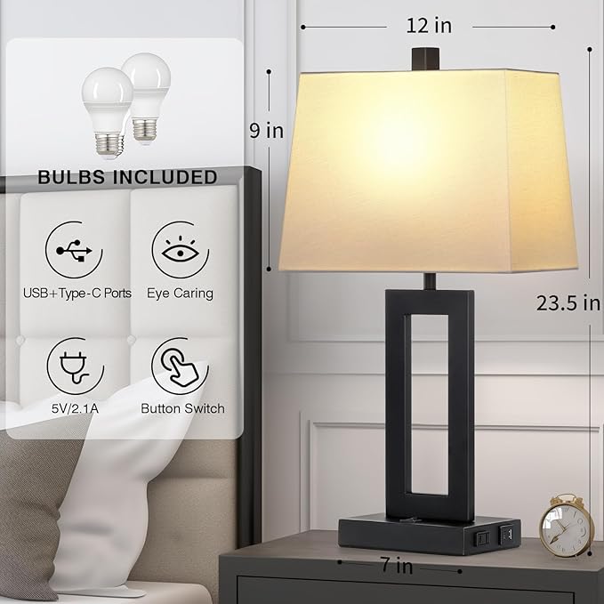 Table Lamp Set of 2 with USB C+A Ports & AC Outlet, Bedside Lamps, Modern Bedroom Lamps, Black