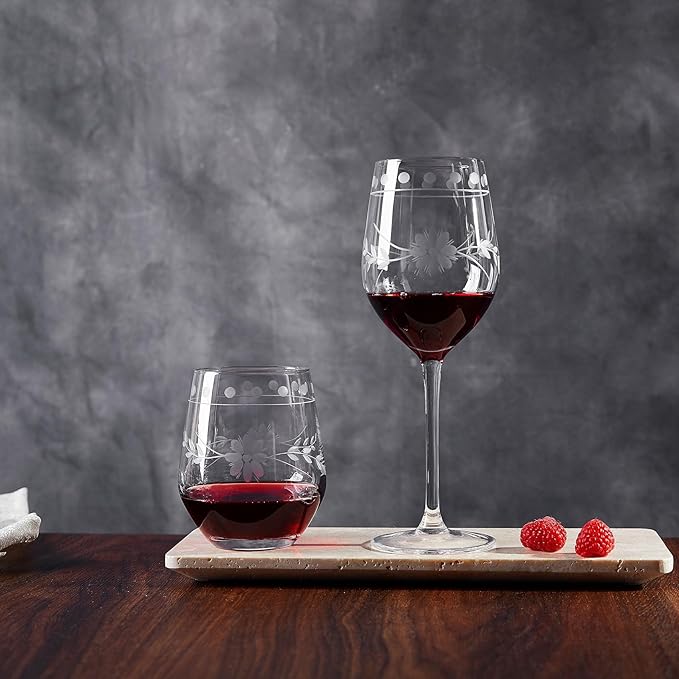 Premium Delight Wine Glasses Set of 4,15 oz – Hand-Blown with Etched Long Stem, Classic Glassware