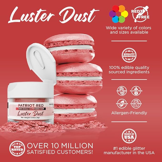 Luster Dust - Patriot Red (4g 1x Jar) | Edible Vegan Dust & Paint for Cake Decorating, Ice Cream