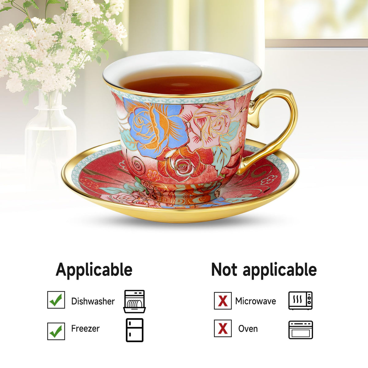 XRBEOU Tea Cups and Saucers, Tea Cup Set of 6, 8 OZ Floral Cups Porcelain Cup Set for Cappuccino