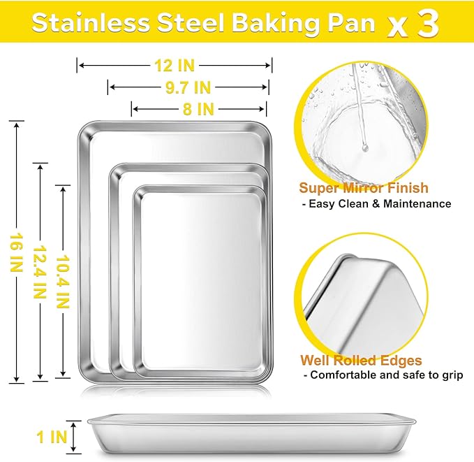 E-far Baking Cookie Sheet Pan Set of 3, 16/12.4/10.4 Inch, Stainless Steel Baking Pans Set for