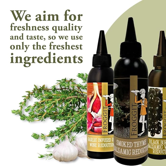 Froggit 3-Piece Garlic Infused Red Wine Vinegar, Burgundy Bliss Balsamic Reduction, Smoked Thyme