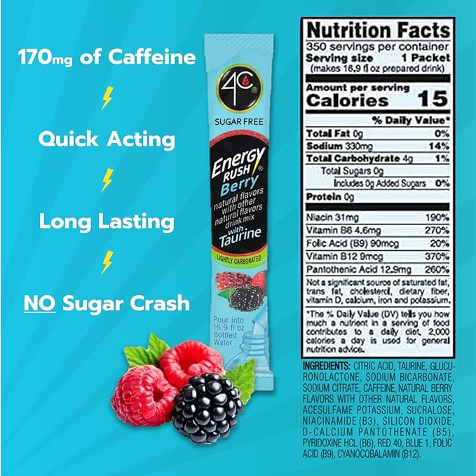 4C Powder Energy Rush Stix, Energy Rush - Berry 350 Count, Bulk Buy, Singles Stix, On the Go